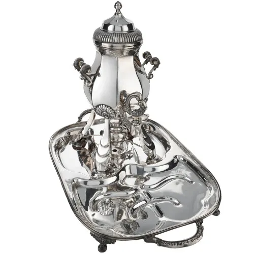 Бульотка антикварная 2,5 литра «Мастодонт» в комплекте с подносом, серебрение 