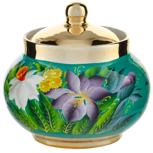 Сахарница с художественной росписью «Нарциссы на зелёном в золоте» 