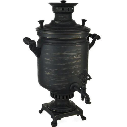 Самовар антикварный на дровах 8 литра формы «Банка», Кольчугино, золотые нити в патине