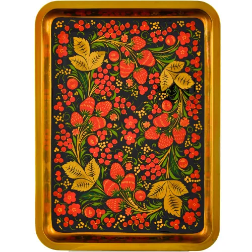 Поднос для самовара прямоугольный с художественной росписью «Хохлома с ягодами в зелени»