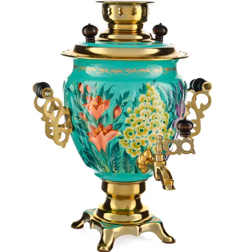 Самовар электрический 3 литра с художественной росписью «Весенние цветы в золоте» формы «Жёлудь» 