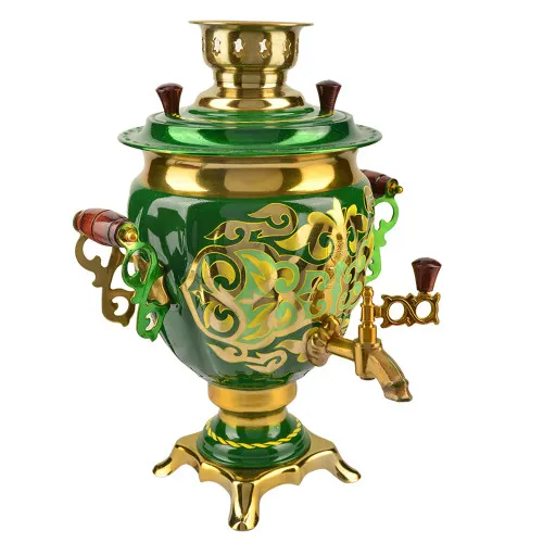 Самовар электрический 3 литра с художественной росписью «Орнамент зелёный» формы «Жёлудь»