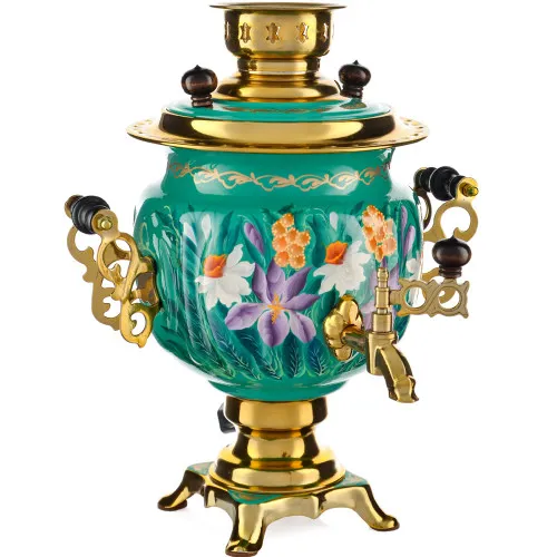 Самовар электрический 3 литра с худ. росписью «Нарциссы на зелёном в золоте» формы «Овал» 