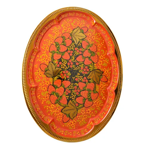 Поднос для самовара овальный с художественной росписью «Клубника в зелени №2 на красном»