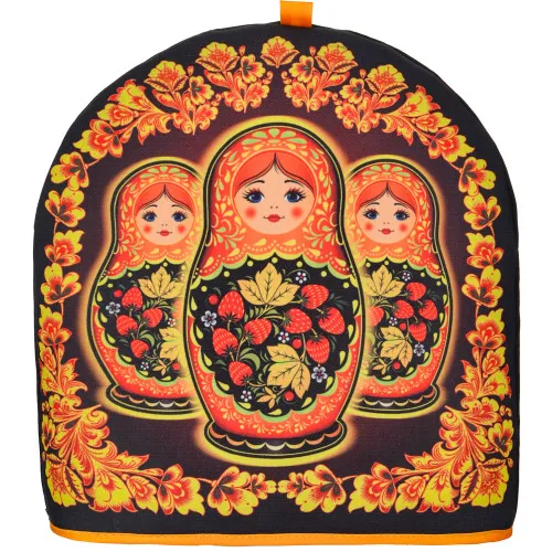 Грелка на заварочный чайник колпак «Матрёшки с клубникой»