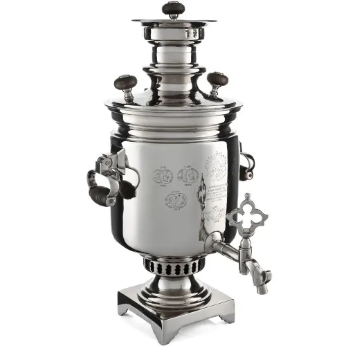 Самовар антикварный на дровах 5 литров формы «Банка» Баташева с медалями, висячие ручки, серебристый