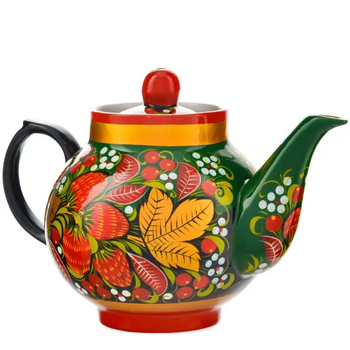 Чайник заварочный для самовара с художественной росписью «Клубника в зелени №2 на зелёном»