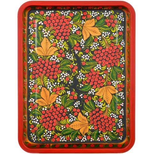 Поднос для самовара прямоугольный с художественной росписью «Рябина в зелени»