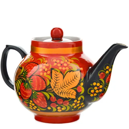 Чайник заварочный для самовара с художественной росписью «Клубника в зелени №2 на красном»