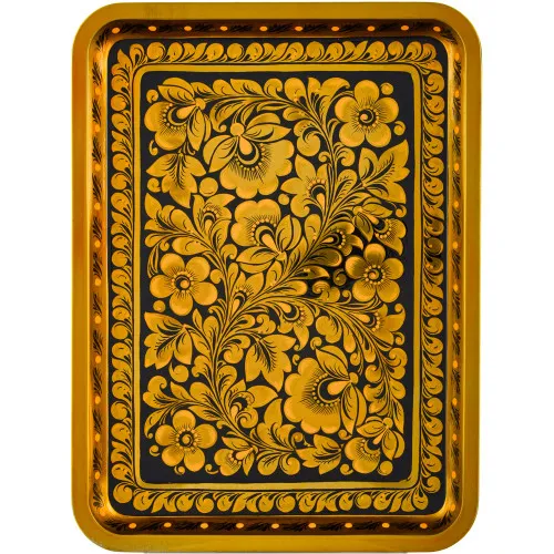 Поднос для самовара прямоугольный с художественной росписью «Кудрина золото на чёрном»