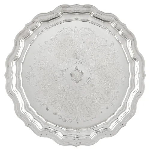 Поднос для самовара круглый с фигурным вырезом края с гравировкой, серебристый, уценка 