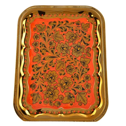 Поднос для самовара прямоугольный с художественной росписью «Кудрина золото на красном»