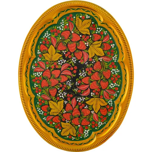 Поднос для самовара овальный с художественной росписью «Клубника в зелени №2 на зелёном»