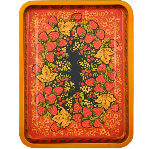 Поднос для самовара прямоугольный с художественной росписью «Клубника в зелени №2 на красном»