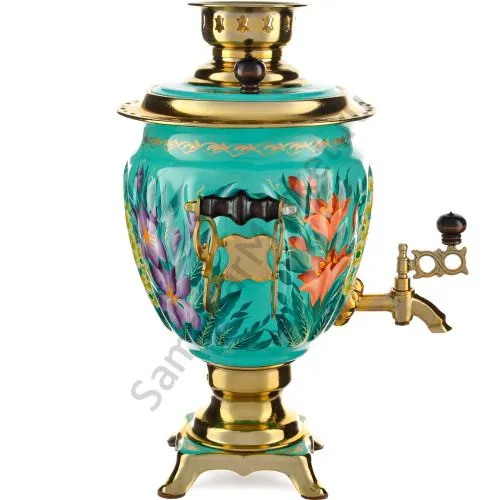 Самовар электрический 3 литра с художественной росписью «Весенние цветы в золоте» формы «Жёлудь» 