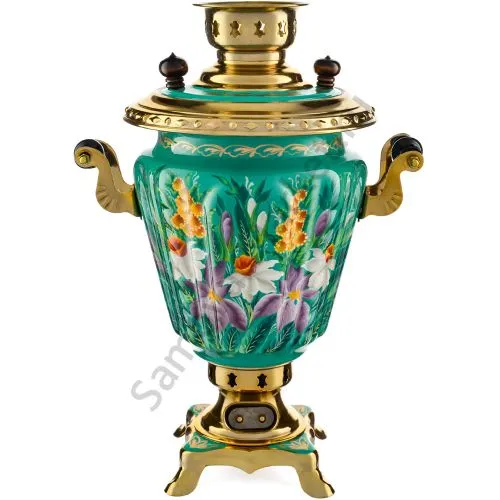 Самовар электрический 3 литра с художественной росписью «Нарциссы на зелёном в золоте» формы «Рюмка