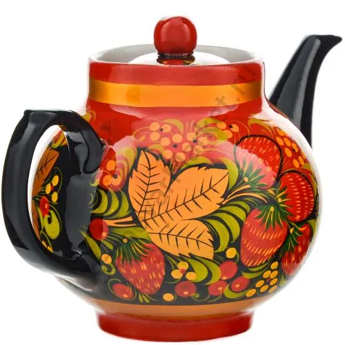 Чайник заварочный для самовара с художественной росписью «Клубника в зелени №2 на красном»