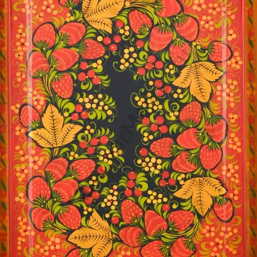 Поднос для самовара прямоугольный с художественной росписью «Клубника в зелени №2 на красном»