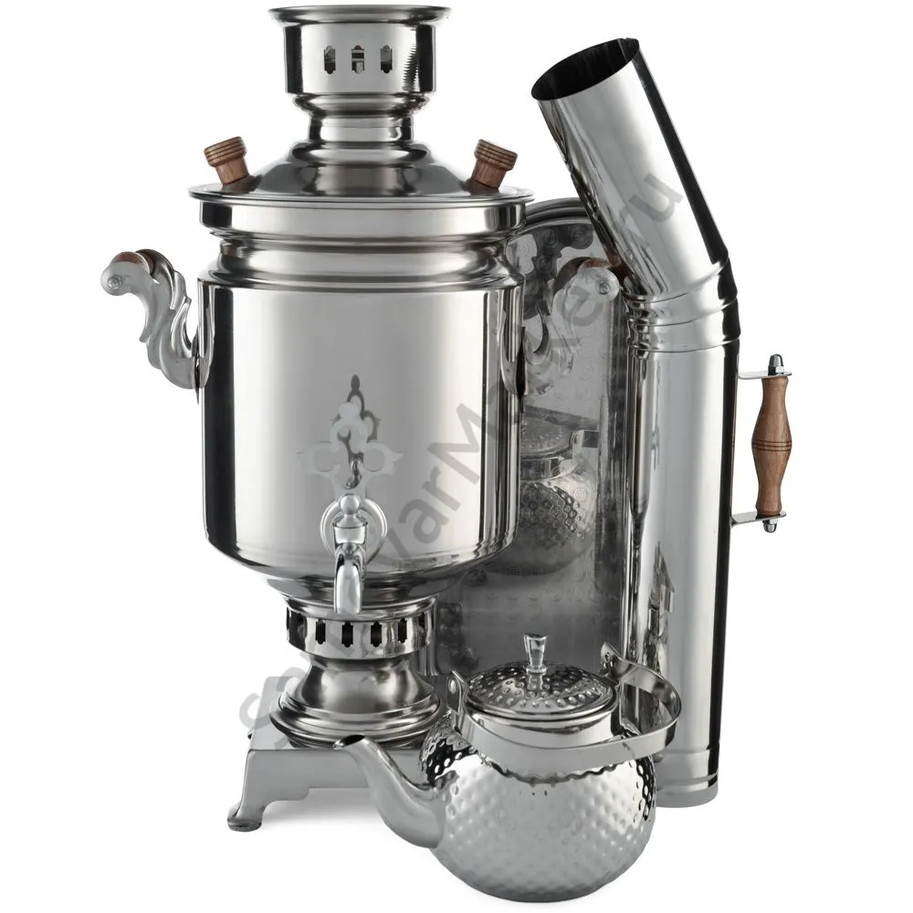 Самовар на дровах из нержавейки 5 литров формы «Банка» в наборе 4 предметов (труба в подарок) Самовар на дровах из нержавейки 5 литров формы «Банка» в наборе 4 предметов (труба в подарок)