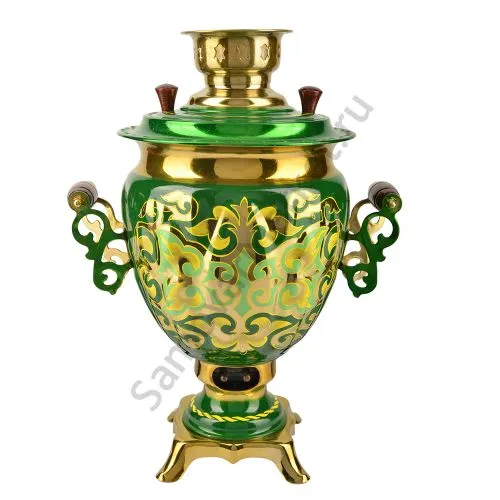 Самовар электрический 3 литра с художественной росписью «Орнамент зелёный» формы «Жёлудь»