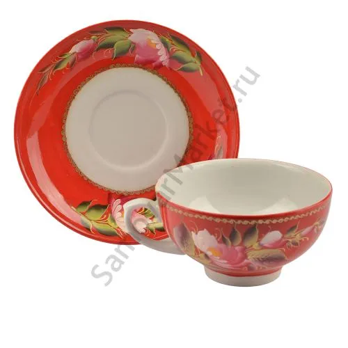 Чайная пара с художественной росписью «Пионы на красном»