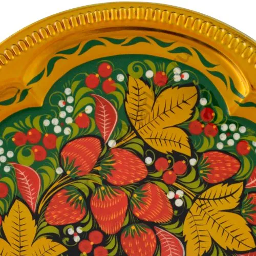 Поднос для самовара овальный с художественной росписью «Клубника в зелени №2 на зелёном»