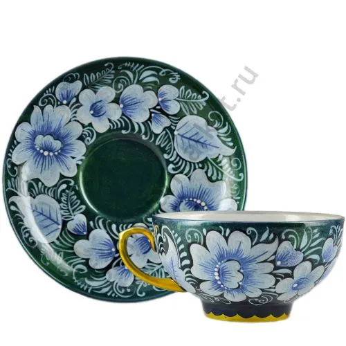 Чайная пара с художественной росписью «Пионы на изумрудном»