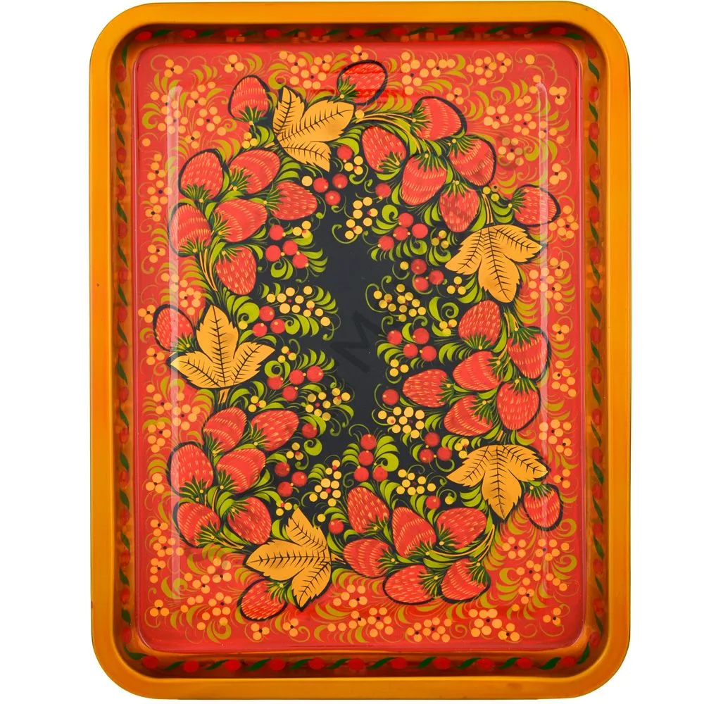 Поднос для самовара прямоугольный с художественной росписью «Клубника в зелени №2 на красном» Поднос для самовара прямоугольный с художественной росписью «Клубника в зелени №2 на красном»