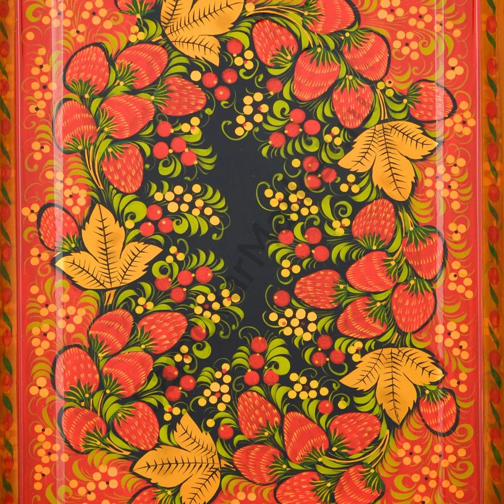 Поднос для самовара прямоугольный с художественной росписью «Клубника в зелени №2 на красном» Поднос для самовара прямоугольный с художественной росписью «Клубника в зелени №2 на красном»