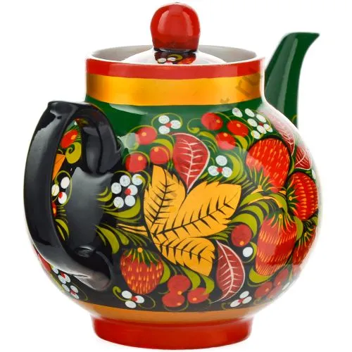Чайник заварочный для самовара с художественной росписью «Клубника в зелени №2 на зелёном»