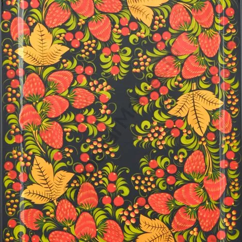 Поднос для самовара прямоугольный с художественной росписью «Клубника в зелени №2» 