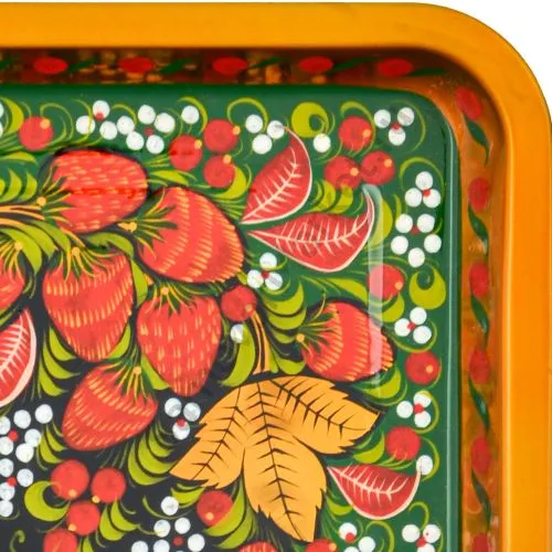 Поднос для самовара прямоугольный с художественной росписью «Клубника в зелени №2 на зелёном»