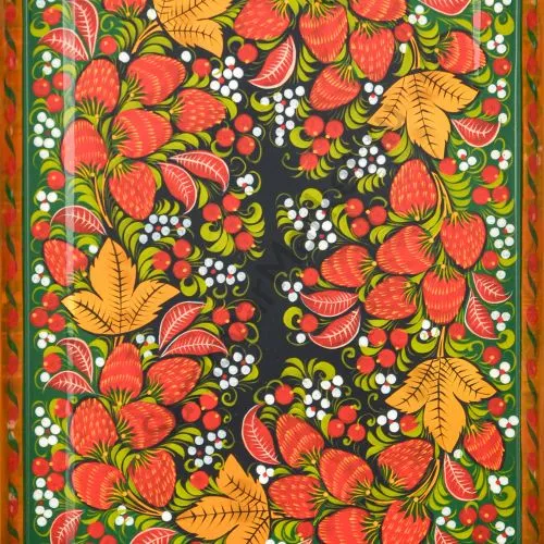 Поднос для самовара прямоугольный с художественной росписью «Клубника в зелени №2 на зелёном»