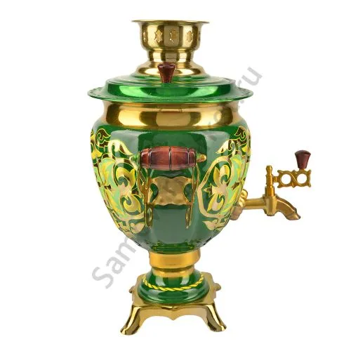 Самовар электрический 3 литра с художественной росписью «Орнамент зелёный» формы «Жёлудь»