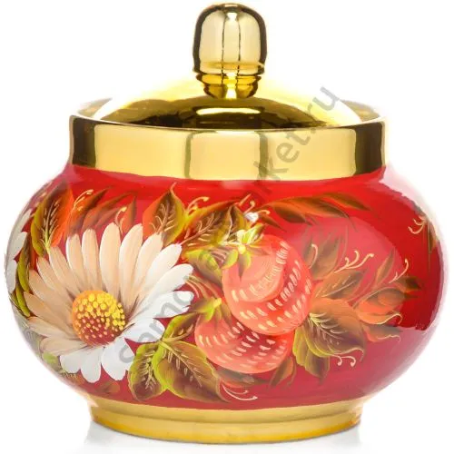 Сахарница с художественной росписью «Ромашки с клубникой в золоте» 