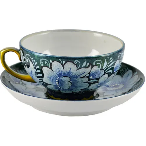 Чайная пара с художественной росписью «Пионы на изумрудном»