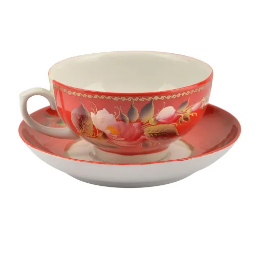 Чайная пара с художественной росписью «Пионы на красном»