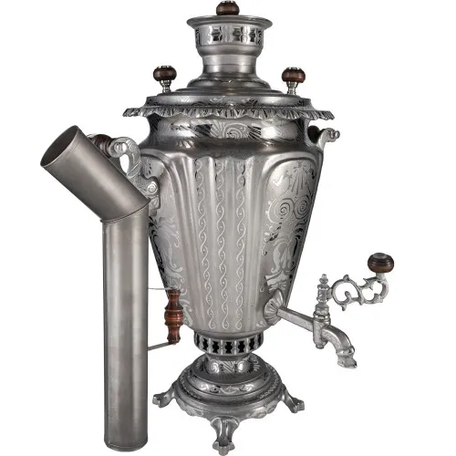 Самовар антикварный на дровах 6,5 литров формы «Рюмка гранная»с трубой, с узором, травление по никел