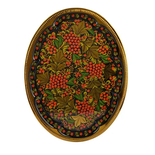 Поднос для самовара овальный с художественной росписью «Рябина в зелени»