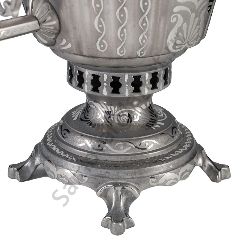 Самовар антикварный на дровах 6,5 литров формы «Рюмка гранная»с трубой, с узором, травление по никел