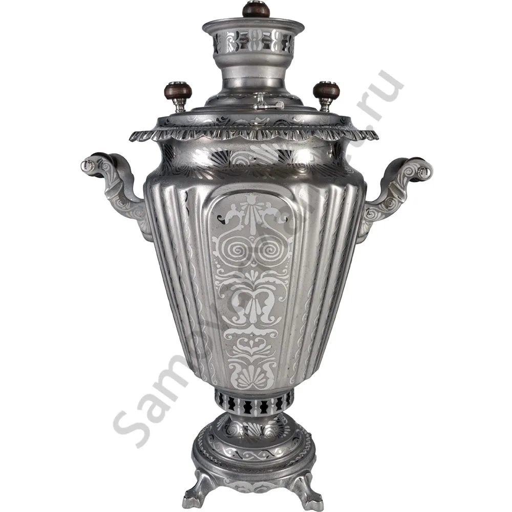 Самовар антикварный на дровах 6,5 литров формы «Рюмка гранная»с трубой, с узором, травление по никел