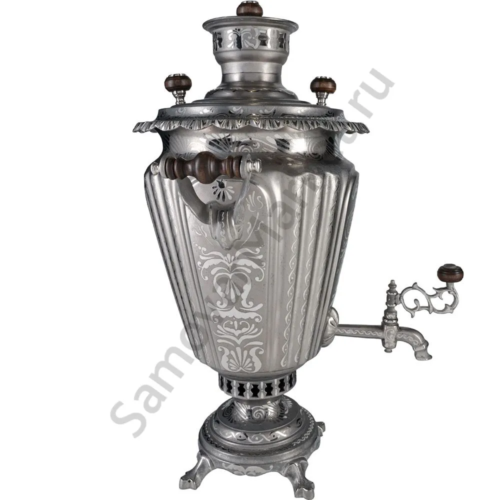 Самовар антикварный на дровах 6,5 литров формы «Рюмка гранная»с трубой, с узором, травление по никел