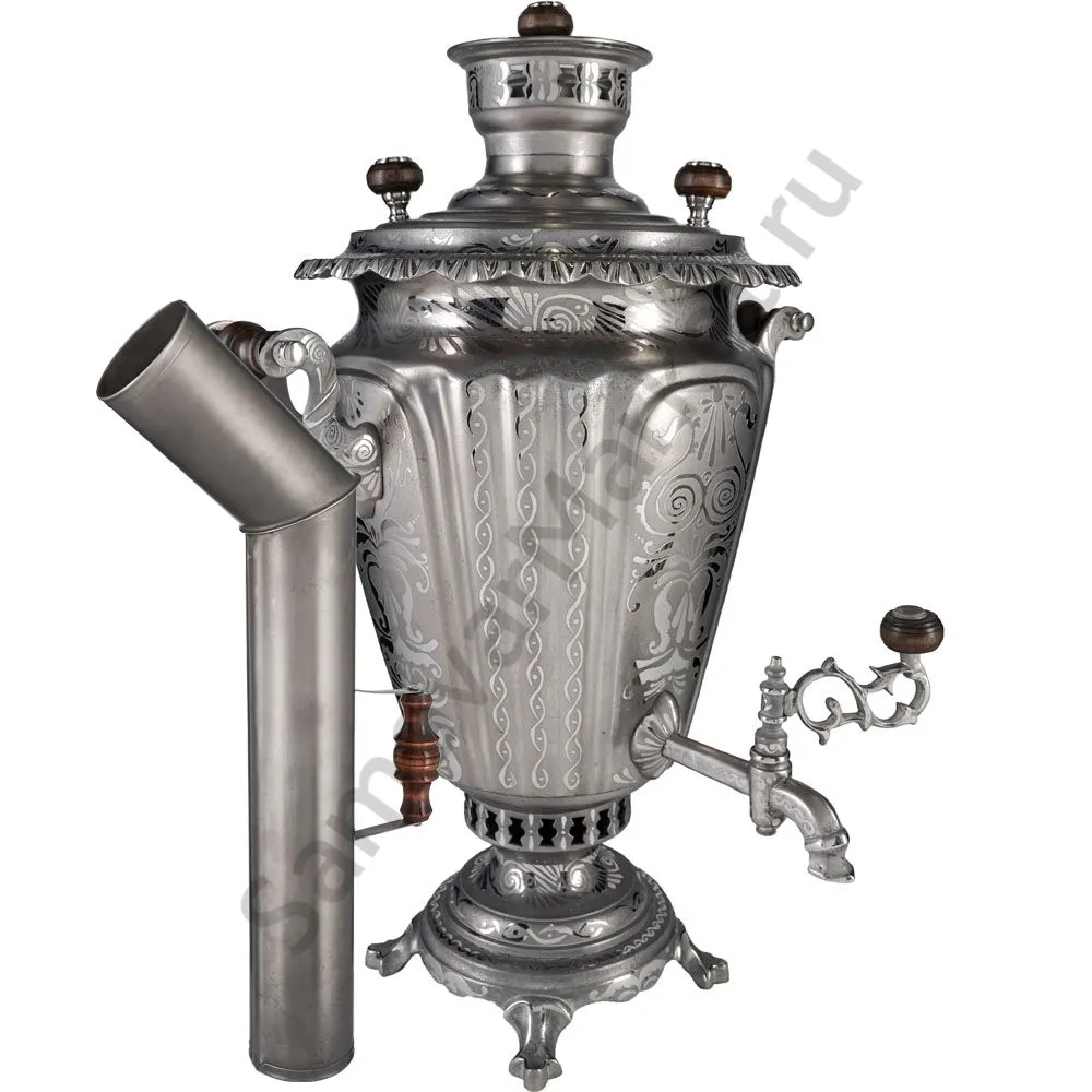 Самовар антикварный на дровах 6,5 литров формы «Рюмка гранная»с трубой, с узором, травление по никел Самовар антикварный на дровах 6,5 литров формы «Рюмка гранная»с трубой, с узором, травление по никел