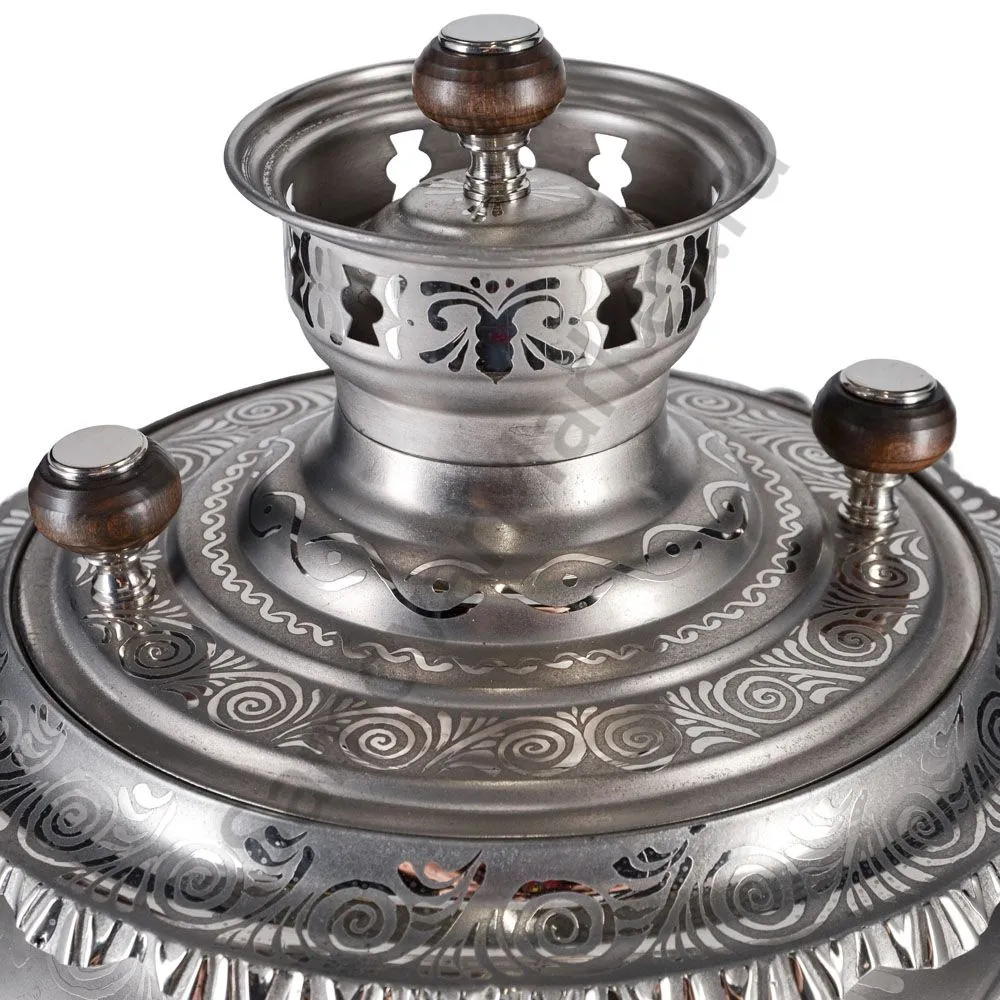 Самовар антикварный на дровах 6,5 литров формы «Рюмка гранная»с трубой, с узором, травление по никел
