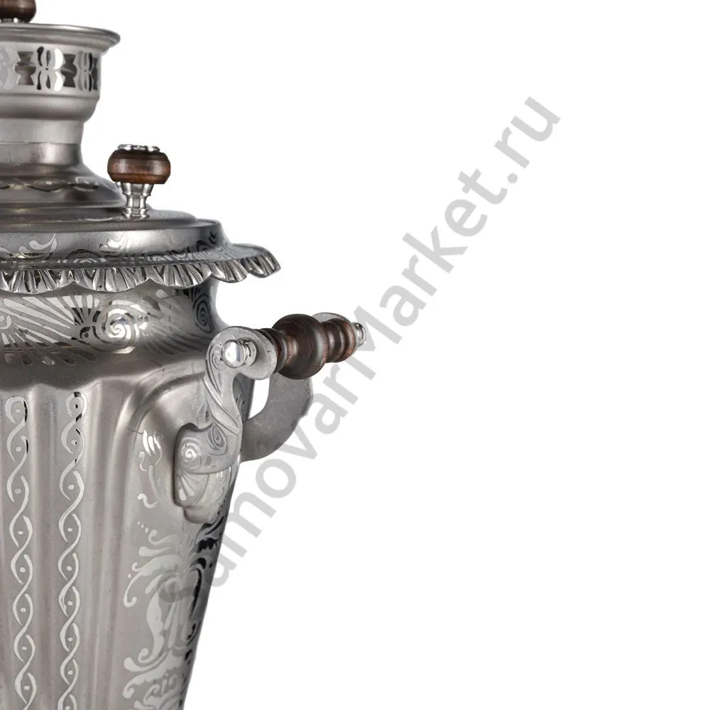 Самовар антикварный на дровах 6,5 литров формы «Рюмка гранная»с трубой, с узором, травление по никел