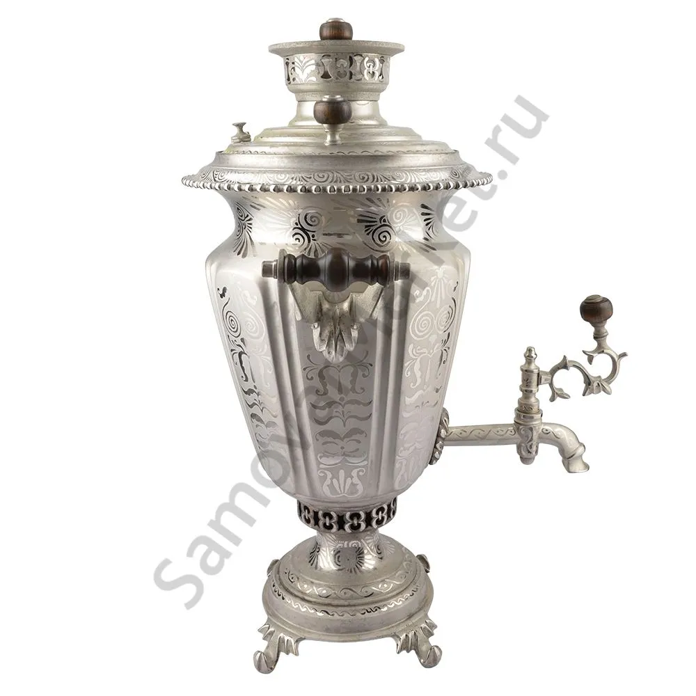 Самовар антикварный на дровах 4,5 литра формы «Рюмка» Объед. Самоварных фабрик, травление по никелю