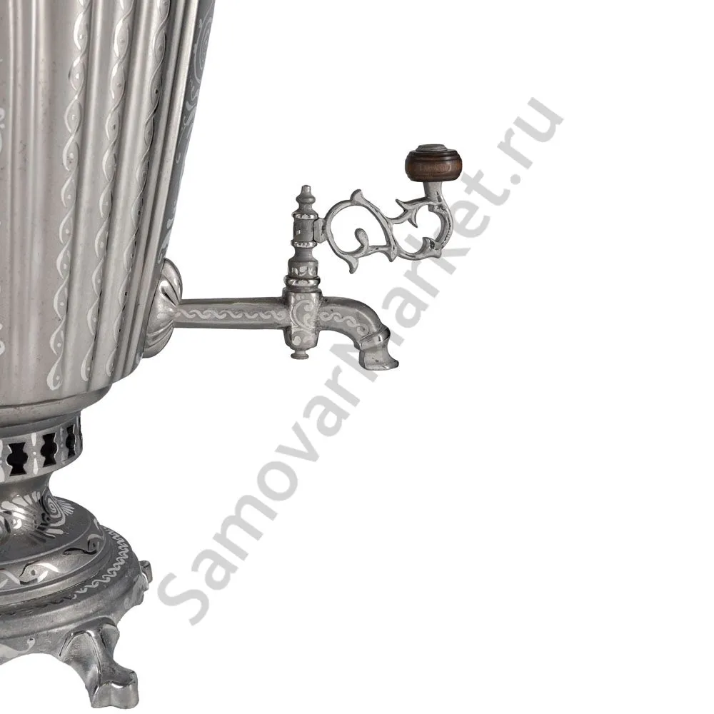 Самовар антикварный на дровах 6,5 литров формы «Рюмка гранная»с трубой, с узором, травление по никел