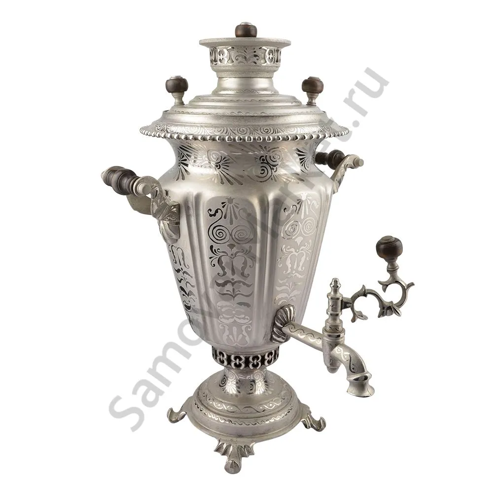 Самовар антикварный на дровах 4,5 литра формы «Рюмка» Объед. Самоварных фабрик, травление по никелю Самовар антикварный на дровах 4,5 литра формы «Рюмка» Объед. Самоварных фабрик, травление по никелю