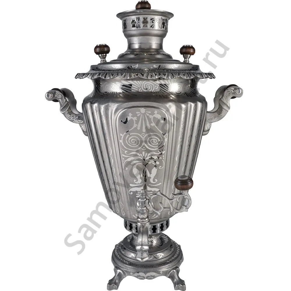 Самовар антикварный на дровах 6,5 литров формы «Рюмка гранная»с трубой, с узором, травление по никел